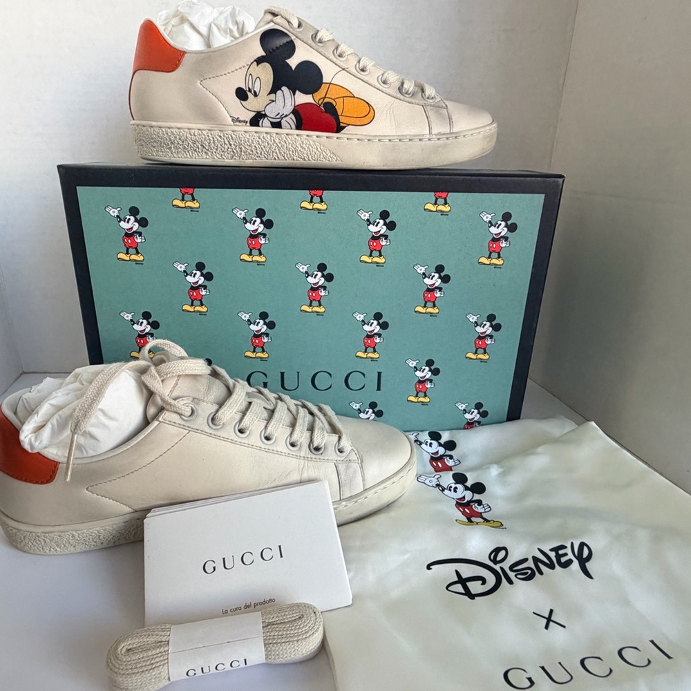 PRE - LOVED: Gucci Cream Leather Mickey Sneakers with Orange Heel - Picture 8 of 13